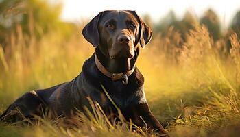 un' cane è seduta nel il erba a tramonto ai generato foto