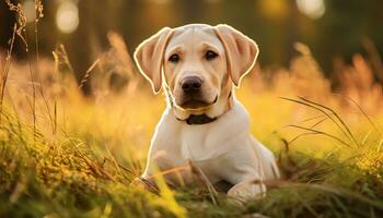 un' giallo laboratorio cane posa nel il erba ai generato foto