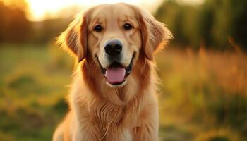 un' cane è seduta nel il erba a tramonto ai generato foto