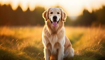 un' cane è seduta nel il erba a tramonto ai generato foto