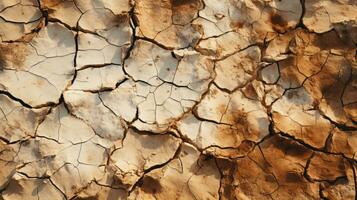 un' asciutto fiume letto con in profondità crepe e ruvido suolo nel caldo toni HD struttura sfondo. altamente dettagliato ai generativo foto