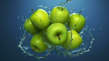 fresco verde mele autunno in il acqua con un' spruzzo su blu sfondo. generativo ai foto