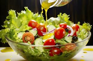 Salute benefici di salutare insalata, nel il stile di preciso dettagliare, liscio e brillante. generativo ai foto