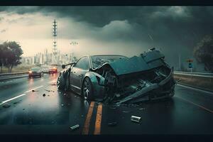 auto incidente concetto con auto collisione su città autostrada strada. neurale Rete generato arte foto