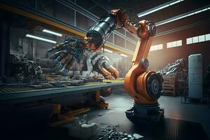 nuovo robot ambientazione di macchina saldatura per il produzione linea di veicolo industriale fabbrica. neurale Rete ai generato foto