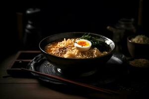 giapponese ramen la minestra con pollo, uovo, erba cipollina e germoglio su buio di legno. neurale Rete ai generato foto