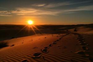 impronte nel il sabbia nel il deserto durante tramonto. neurale Rete ai generato foto