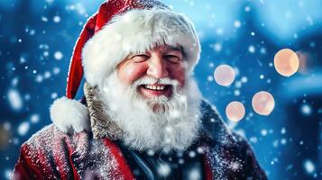 allegro Santa impersonatore su festivo inverno sfondo - generativo ai foto