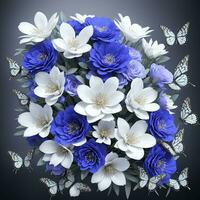 fiore realistico senza soluzione di continuità farfalla astratto modello. floreale casuale sfondo blu bianca ai generativo foto