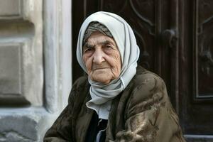 vecchio Turco donna a città strada. creare ai foto