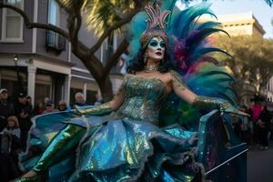 donna nel piuma costume a carnevale. neurale Rete ai generato foto