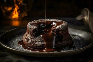 delizioso fresco fondente con caldo cioccolato e menta su nero tavolo. neurale Rete ai generato foto