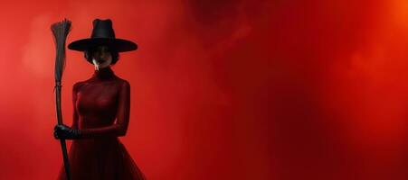 un' misterioso strega rivestito nel un' lunghezza del piano rosso vestito con nero cappello e scopa, lei trasuda un aura di energia e buio. rosso nebbioso sfondo migliora il drammatico effetto. generativo ai foto