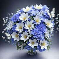 fiore realistico senza soluzione di continuità farfalla astratto modello. floreale casuale sfondo blu bianca ai generativo foto
