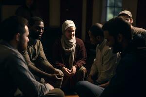 un' diverso gruppo di individui impegnato nel interconfessionale dialogo, sottolineando il importanza di religioso tolleranza e coesistenza. generativo ai foto