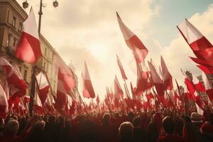 un' patriottico parata nel Polonia con persone agitando nazionale bandiere e festeggiare il paesi indipendenza. generativo ai foto