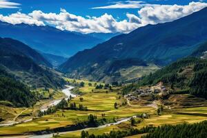 Visualizza di il riso terrazze di Sichuan Provincia, Cina, panorama superiore Visualizza di paro valle paesaggio, bhutan, ai generato foto