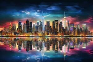 notte Visualizza di Manhattan, nuovo York città, unito stati di America, panoramico Visualizza su Manhattan a notte, nuovo York, Stati Uniti d'America, ai generato foto