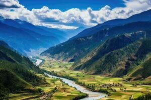 panoramico Visualizza di il valle e montagne nel sichuan, Cina, panorama superiore Visualizza di paro valle paesaggio, bhutan, ai generato foto