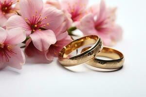 nozze anelli e sakura fiori su bianca sfondo, avvicinamento, rosa fiori e Due d'oro nozze anelli su bianca sfondo, ai generato foto