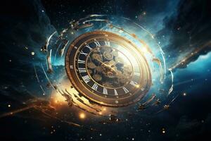 orologio viso nel spazio con stelle e nebulosa. 3d rendering, passaggio di tempo con orologio nel spazio, ai generato foto