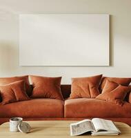 luminosa colorato arancia soggiorno con libri sfondo. leggero moderno natura panoramico Visualizza. 3d interpretazione finto su. alto qualità 3d illustrazione foto