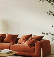 luminosa colorato arancia soggiorno con libri sfondo. leggero moderno natura panoramico Visualizza. 3d interpretazione finto su. alto qualità 3d illustrazione foto