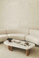 boho beige soggiorno con il giro divano, vaso e arredamento libri sfondo. leggero moderno giapponese natura Visualizza. 3d resa. alto qualità 3d illustrazione foto