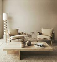 boho beige soggiorno con asciutto pianta nel vaso e Due poltrona sfondo. leggero moderno giapponese natura interno. 3d resa. alto qualità 3d illustrazione foto