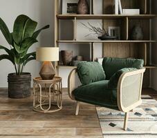 boho beige soggiorno con palma pianta, di vimini mobilia e poltrona sfondo. leggero moderno giapponese natura interno. 3d resa. alto qualità 3d illustrazione foto