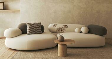 boho beige soggiorno con asciutto pianta e di legno tavolo Visualizza sfondo. leggero moderno giapponese natura interno. 3d resa. alto qualità 3d illustrazione foto