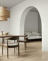 moderno stile di legno interno con arco e cenare tavolo sfondo. natura lampada design. 3d resa. alto qualità 3d illustrazione foto