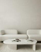 boho beige soggiorno con bianca divano e arredamento libri sfondo. leggero moderno giapponese natura Visualizza. 3d resa. alto qualità 3d illustrazione foto