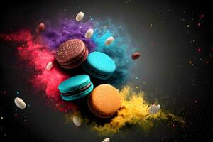colorato macarons con zucchero polvere esplosione momento su nero sfondo. neurale Rete generato arte foto