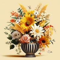 un' vaso con fiori e un' giallo sfondo generato di ai foto