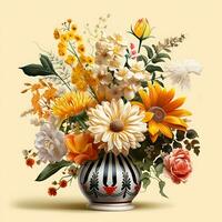 un' vaso con bellissimo fiori e un' giallo sfondo generato di ai foto
