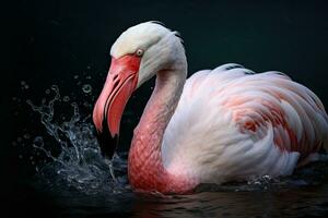 bellissimo fenicottero con spruzzi di acqua su un' nero sfondo, maggiore fenicottero Phoenicopterus roseo, ai generato foto