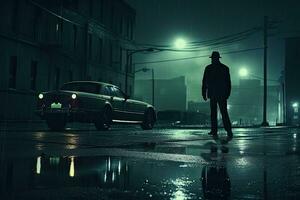 uomo in piedi nel il pioggia con un' auto su il strada a notte, poliziotti in piedi su il strada angolo prospiciente un' crimine scena, poliziotti nel il grande città, noir romanzo o film stile, noir, ai generato foto