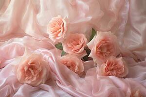 rosa tessuto sfondo con Rose, morbido messa a fuoco e copia spazio, rosa Rose su morbido seta, ai generato foto