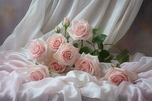 mazzo di bellissimo rosa Rose su il sfondo di un' tenda, rosa Rose su morbido seta, ai generato foto
