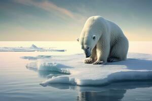 polare orso ursus maritimus su il imballare Ghiaccio, nord di svalbard artico Norvegia, polare orso incagliato su un' restringimento ghiaccio berretto, ai generato foto