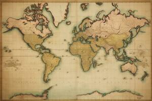 vecchio carta geografica di il mondo su un' grunge carta sfondo. Vintage ▾ stile, vecchio antico mondo carta geografica su mercatori proiezione, ai generato foto