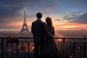 coppia guardare a eiffel Torre a tramonto, Parigi, Francia, una volta nel Parigi. coppia posteriore Visualizza su il tetto contro il eiffel Torre, ai generato foto
