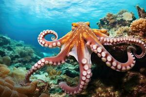 polpo su un' corallo scogliera nel il rosso mare, Egitto, polpo nuoto su il sabbioso parte inferiore di un' tropicale corallo scogliera, ai generato foto