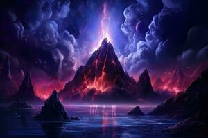 fantasia alieno pianeta. montagna e lago. 3d illustrazione, notte fantasia paesaggio con astratto montagne e isola su il acqua, esplosivo vulcano con ardente lava, neon luce, ai generato foto