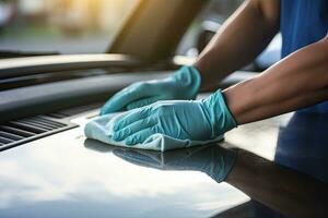 avvicinamento di mani nel guanti pulizia auto cappuccio con microfibra stoffa, maschio lavoratore mano vicino su pulizia auto Pannello, ai generato foto
