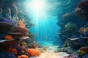 subacqueo scena con coralli e tropicale pesce. 3d rendere, subacqueo mondo. fantasia paesaggio di il subacqueo mondo. 3d rendering, ai generato foto