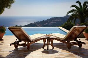 lusso nuoto piscina con sole lettini e mare Visualizza, Due ponte sedia su terrazza con piscina e sbalorditivo mare Visualizza, ai generato foto