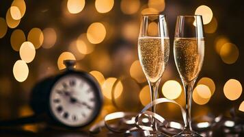ai generativo nuovo anni vigilia Champagne con bokeh leggero e orologio foto