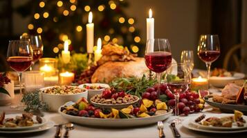 ai generativo Natale cena tavolo, meravigliosamente decorato con cremoso bokeh Natale luci nel il sfondo foto